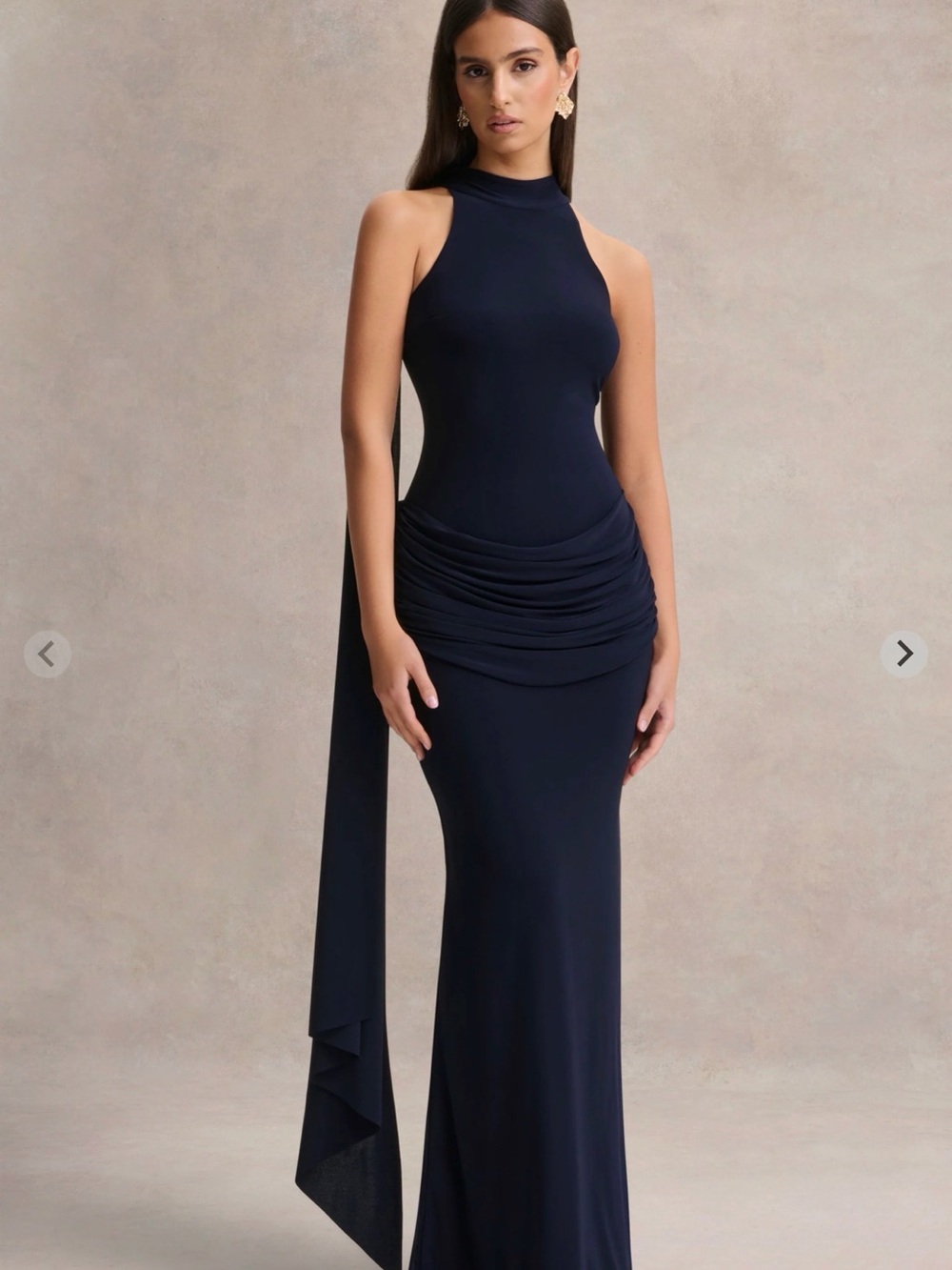 HESPERIA
Navy High-Neck Maxi Dress With Draped-Detailing And Scarf